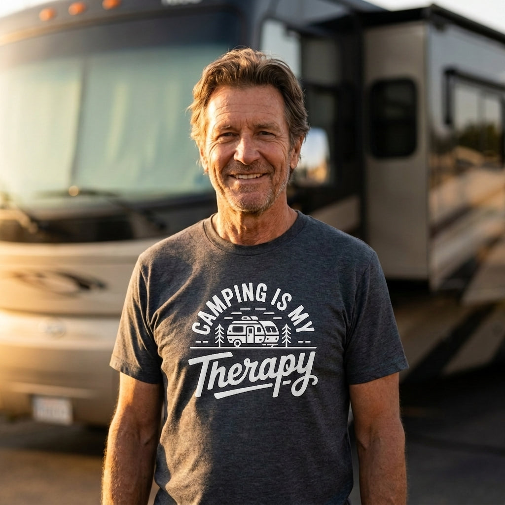 A smiling man wearing a dark heather gray t-shirt with a white graphic that reads 'CAMPING IS MY Therapy' stands in front of a blurred recreational vehicle at sunset.