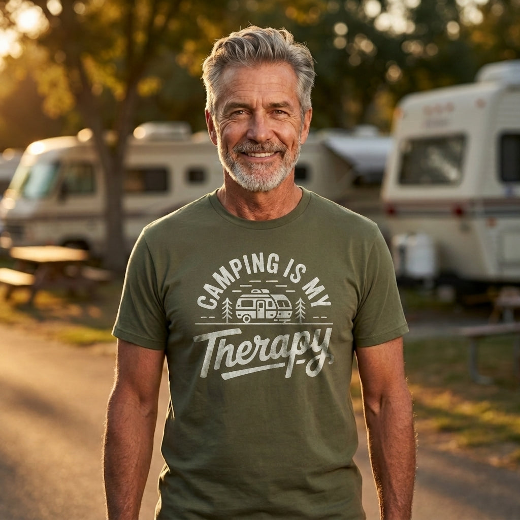 A smiling older man standing outdoors at a campsite wearing an olive green t-shirt with a white graphic that reads 'CAMPING IS MY Therapy' with a small camper illustration. RVs and trees are blurred in the background.