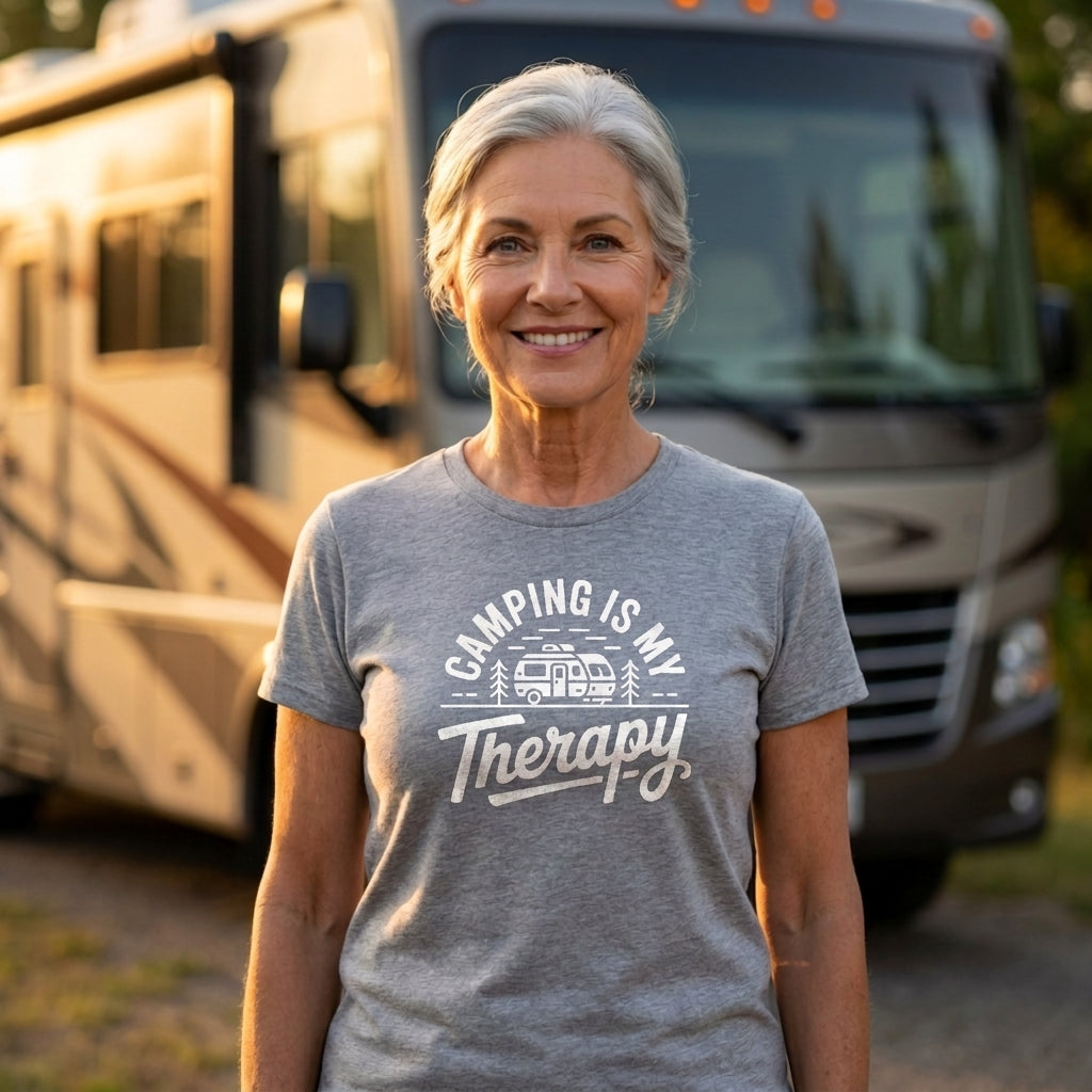 A smiling older woman stands outdoors in front of a large RV, wearing a heather gray short-sleeve T-shirt with a white graphic that reads “Camping Is My Therapy” with a small camper illustration.