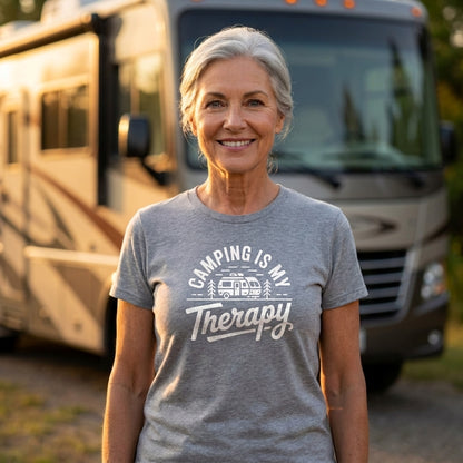 A smiling older woman stands outdoors in front of a large RV, wearing a heather gray short-sleeve T-shirt with a white graphic that reads “Camping Is My Therapy” with a small camper illustration.