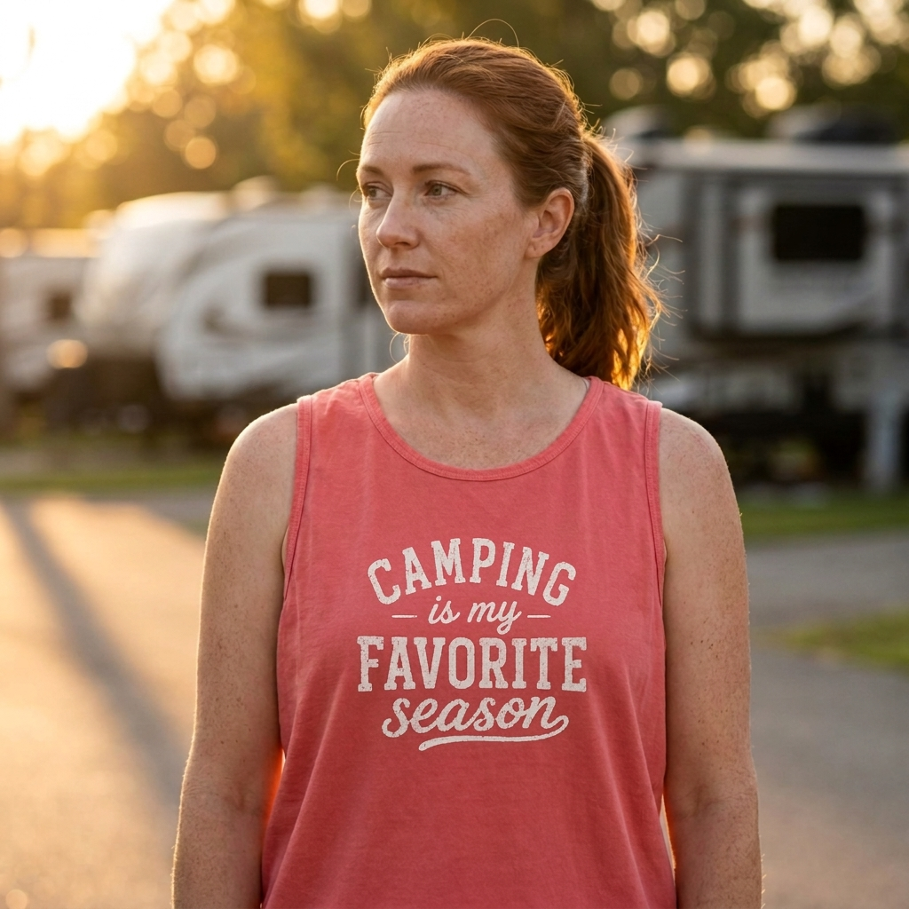 A woman wearing a coral pink sleeveless tank top with the white printed text 'CAMPING is my FAVORITE season' stands outdoors at sunset with campers blurred in the background.