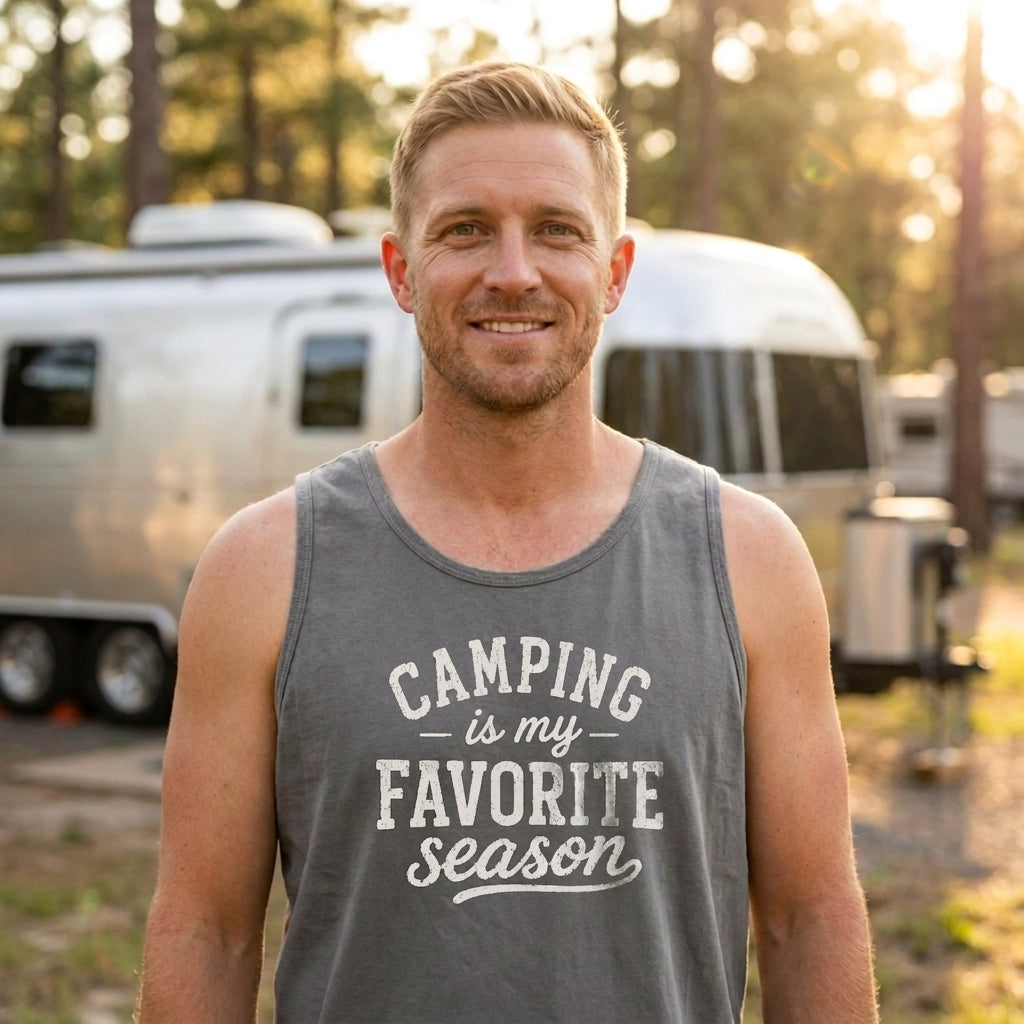 A smiling man wearing a gray sleeveless tank top with the text 'CAMPING is my FAVORITE season' in white, standing outdoors in front of campers with trees and warm sunlight in the background.