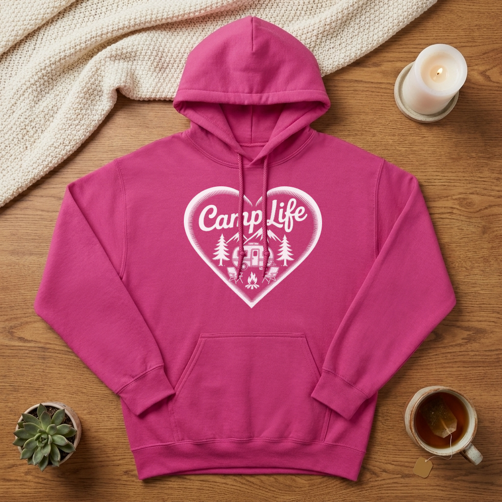 Flat lay of a bright pink Camp Life heart hoodie on a wood table with a knit blanket, candle, succulent and tea