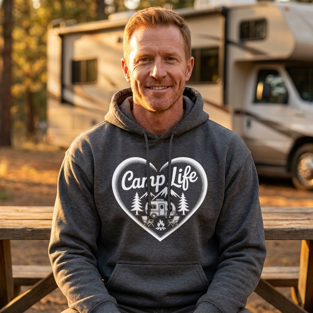 Smiling man in a dark gray Camp Life heart hoodie sitting at a picnic table in front of a motorhome