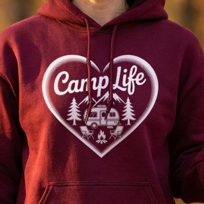 Close-up of a maroon hoodie with a white Camp Life heart design of pine trees, a camper and a campfire