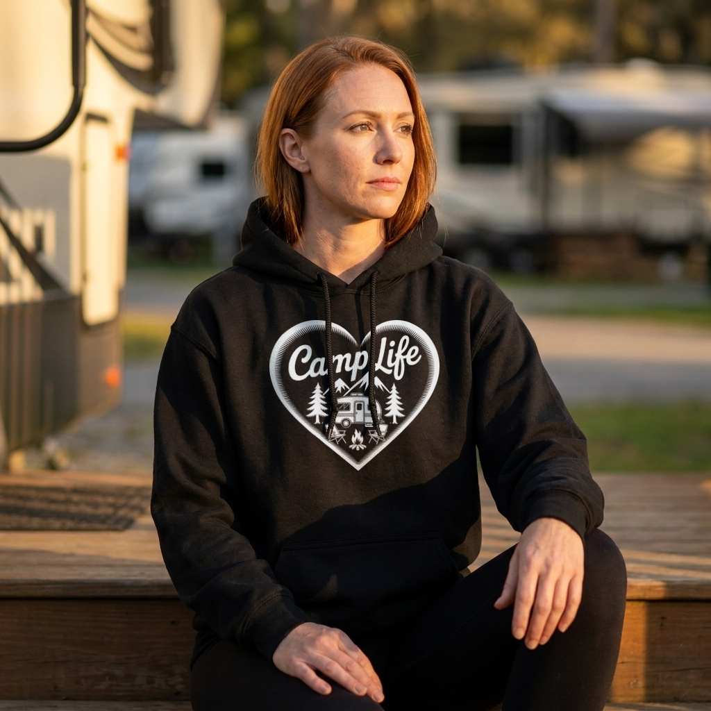 Woman in a black Camp Life heart hoodie sitting on wooden steps in front of RVs