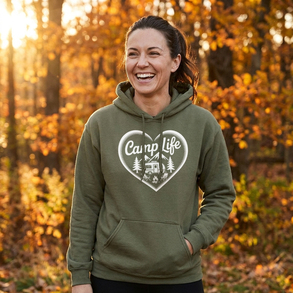Laughing woman in an olive green Camp Life heart hoodie standing among fall leaves