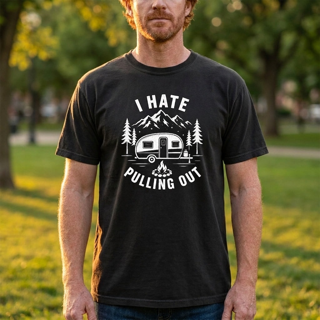 A man wearing a black graphic t-shirt with a white camping-themed print that reads 'I HATE PULLING OUT!' in an outdoor park setting.