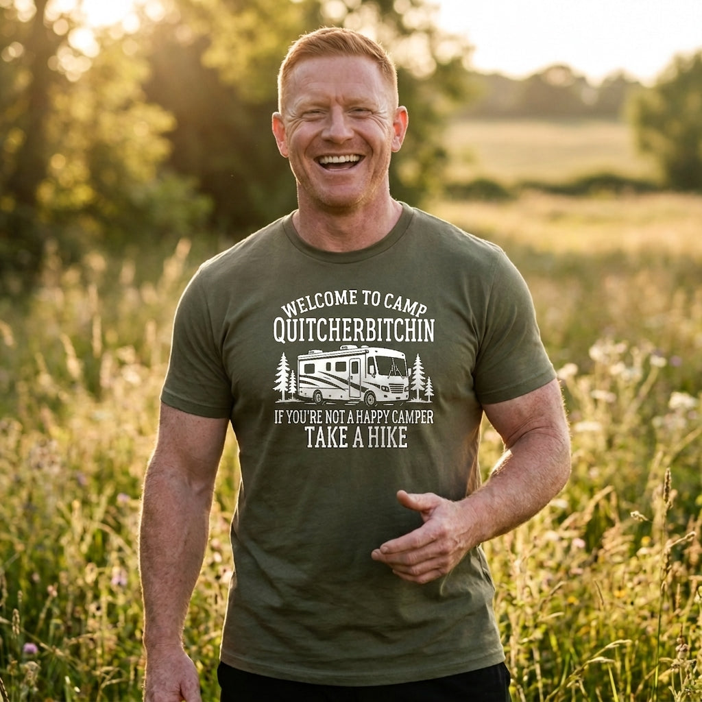 A smiling man wearing an olive green graphic t-shirt in an outdoor grassy field at sunset. The t-shirt features a white graphic of an RV and the text 'WELCOME TO CAMP QUITCHERBITCHIN IF YOU'RE NOT A HAPPY CAMPER TAKE A HIKE'.