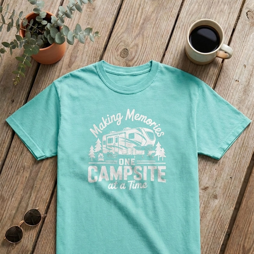 A mint green short-sleeve t-shirt with a white graphic print reading 'Making Memories One Campsite at a Time' with a camper illustration, laid flat on a rustic wooden surface with a mug, book, sunglasses, and plant nearby.