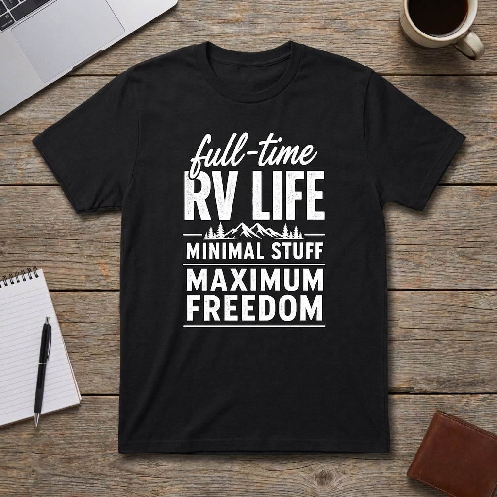 Black full-time RV life t-shirt laid flat on a wooden table with a laptop, coffee mug, notebook, pen, and wallet, showing white minimal stuff, maximum freedom text and a mountain graphic.