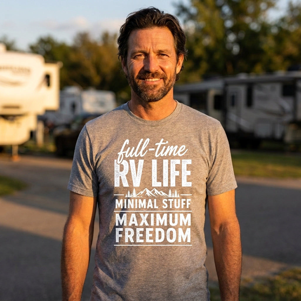 Bearded man in a heather gray full-time RV life t-shirt with a white print, standing outdoors in front of blurred RVs and trees.