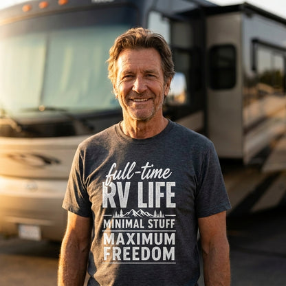 Smiling man in a dark gray full-time RV life t-shirt standing in front of a blurred RV at sunset.
