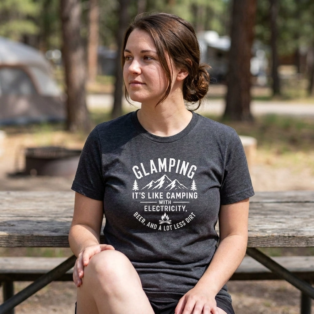 A woman sitting on a wooden picnic table outdoors at a campsite, wearing a dark charcoal gray t-shirt with a white graphic that reads 'GLAMPING IT'S LIKE CAMPING WITH ELECTRICITY. BEER AND A LOT LESS BULL.