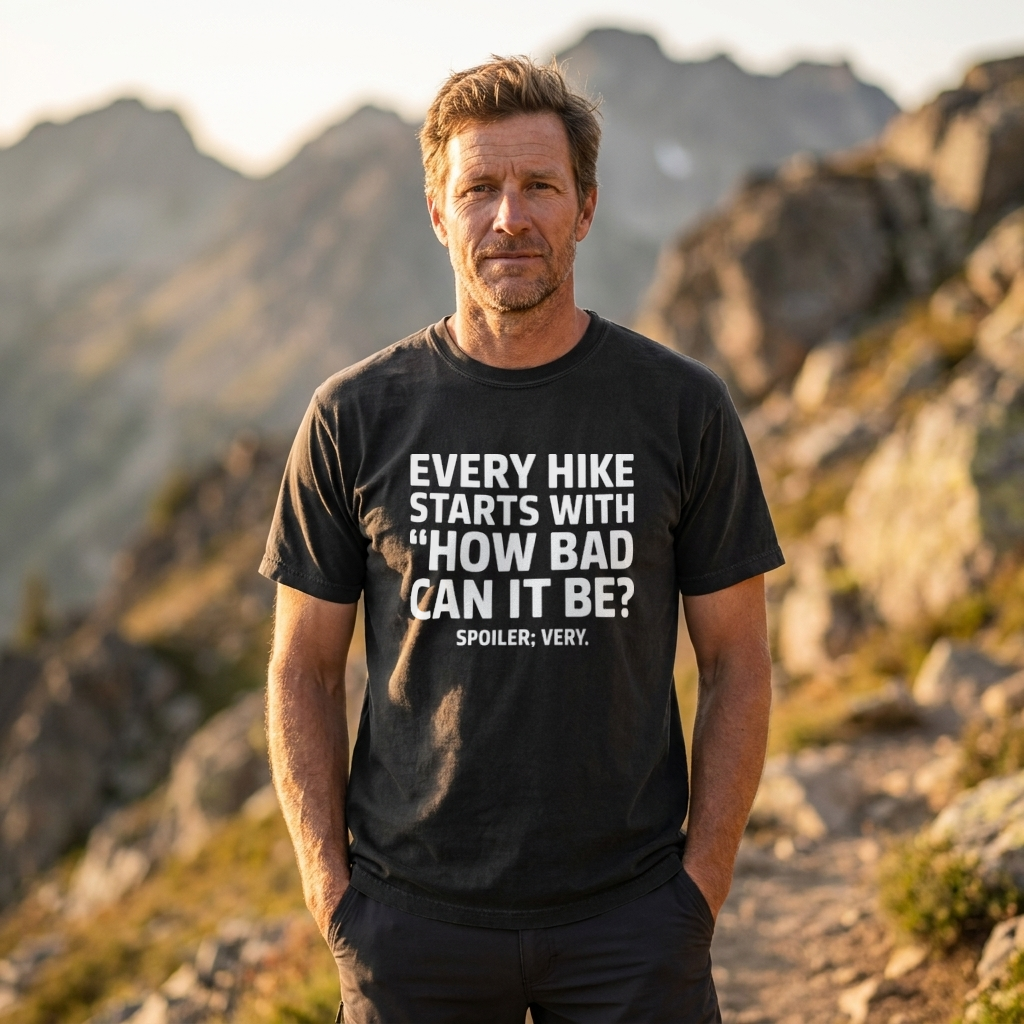 A man standing outdoors on a rocky mountain trail wearing a black graphic t-shirt with white text that reads 'EVERY HIKE STARTS WITH "HOW BAD CAN IT BE?" SPOILER: VERY.'.