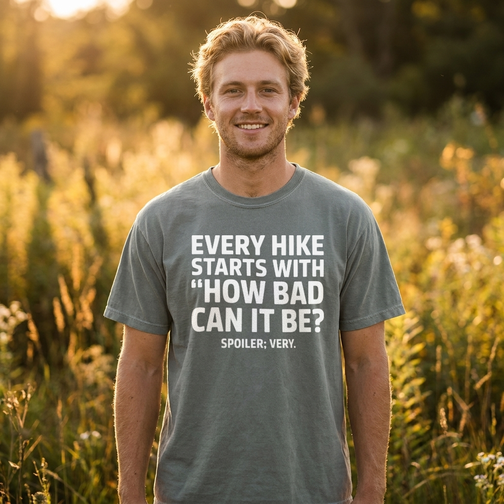 A smiling man standing outdoors in a grassy field at sunset, wearing a heather gray t-shirt with bold white text that reads, 'EVERY HIKE STARTS WITH "HOW BAD CAN IT BE?" SPOILER: VERY.'.