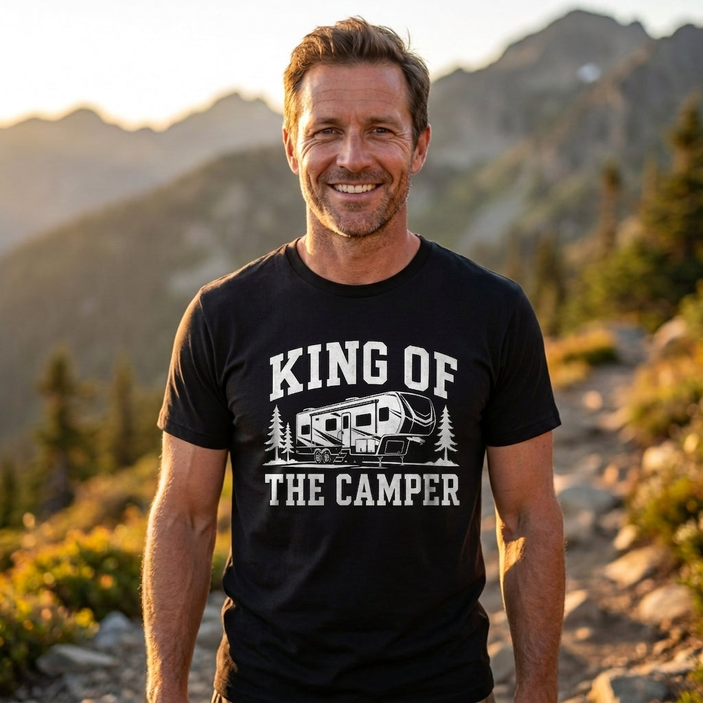 A smiling man wearing a black graphic t-shirt with the text 'KING OF THE CAMPER' and an RV illustration, standing outdoors on a mountain trail during golden hour.