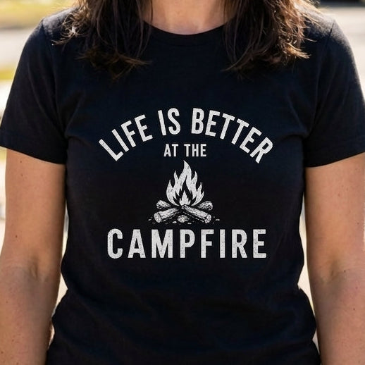 A smiling woman stands outdoors at a campground or RV park wearing a black short-sleeve T-shirt with the white text 'LIFE IS BETTER AT THE CAMPFIRE' and a small campfire graphic on the front.