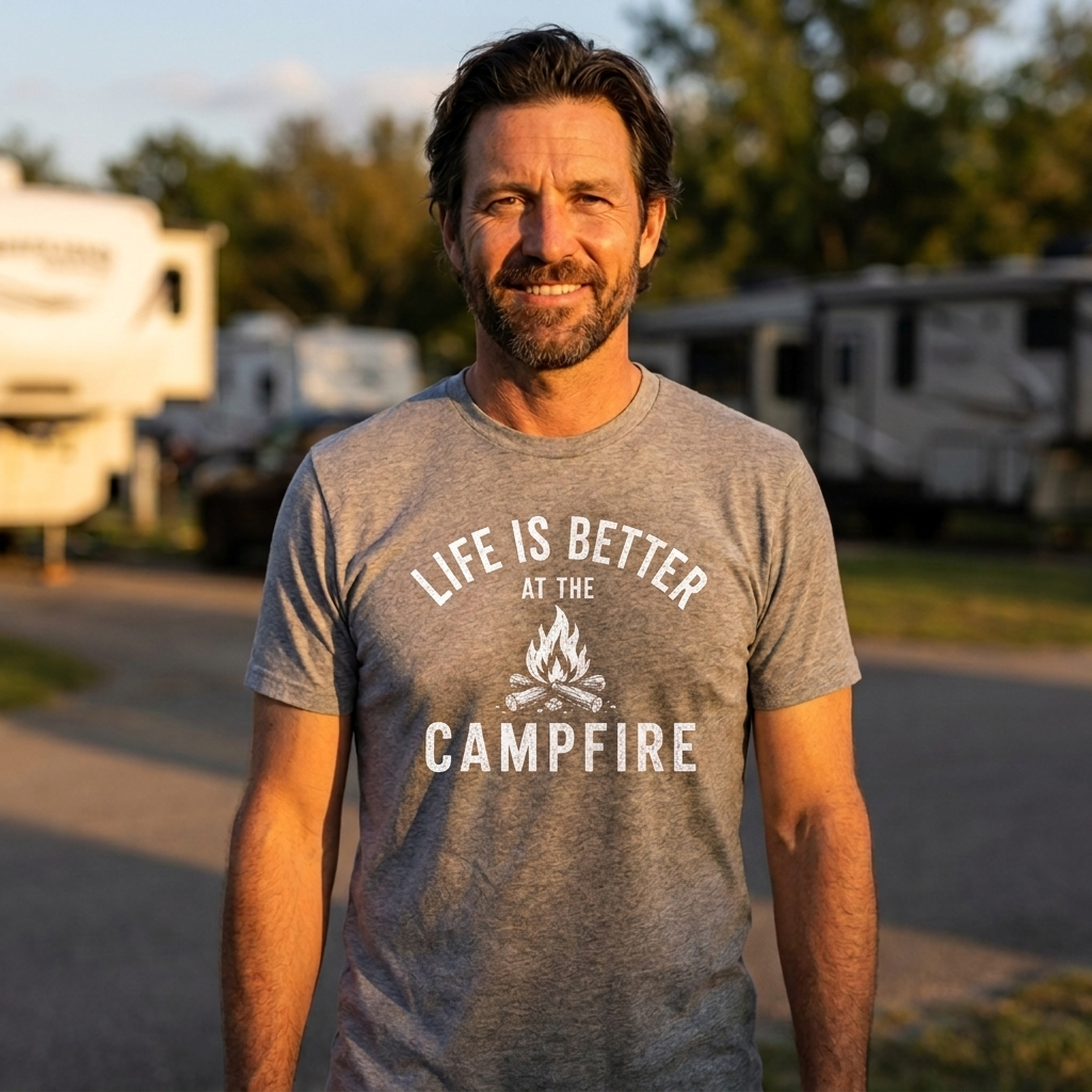 A man wearing a heather gray t-shirt with a white graphic that reads 'LIFE IS BETTER AT THE CAMPFIRE' and a campfire icon, standing outdoors in front of campervans at sunset.