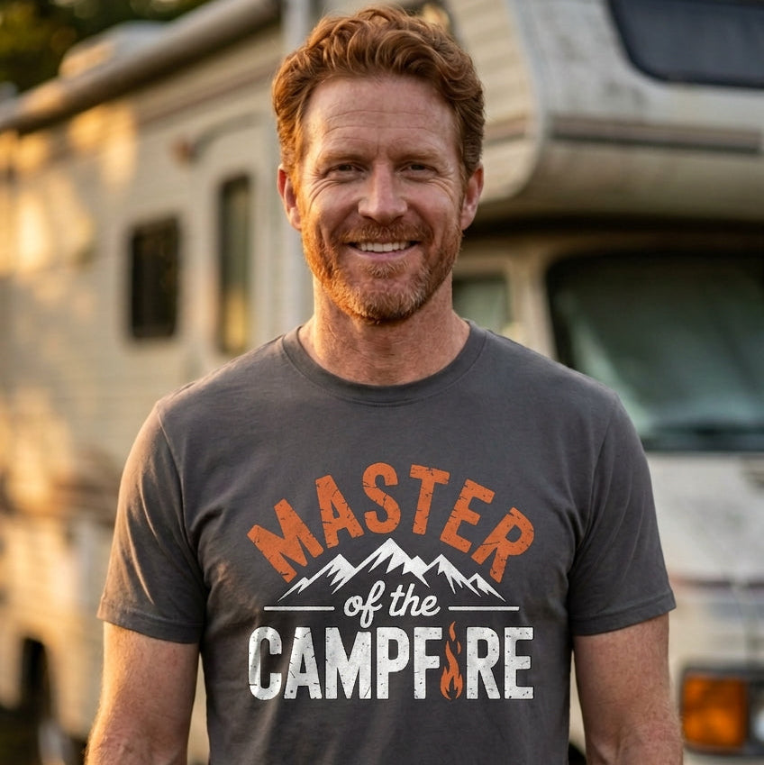 Smiling red-haired man with a beard in a dark gray Master of the Campfire t-shirt with orange and white lettering, standing in front of a camper.