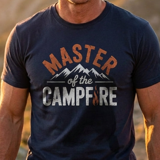 A smiling man standing outdoors in front of mountains at sunset, wearing a navy graphic T-shirt with the words “MASTER of the CAMPFIRE” in orange, white, and gray.
