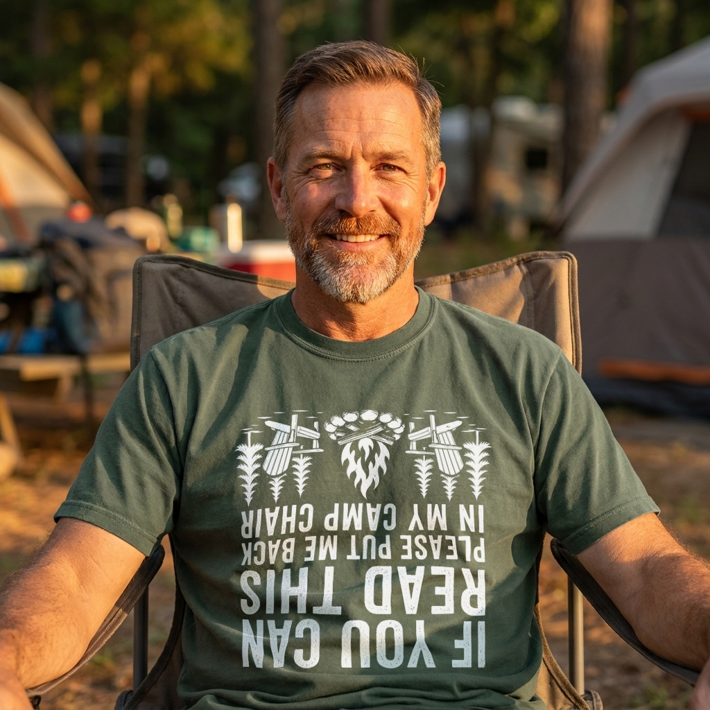 Smiling bearded man in a green If You Can Read This camp chair t-shirt with upside-down white text, sitting in a camp chair at a campsite.