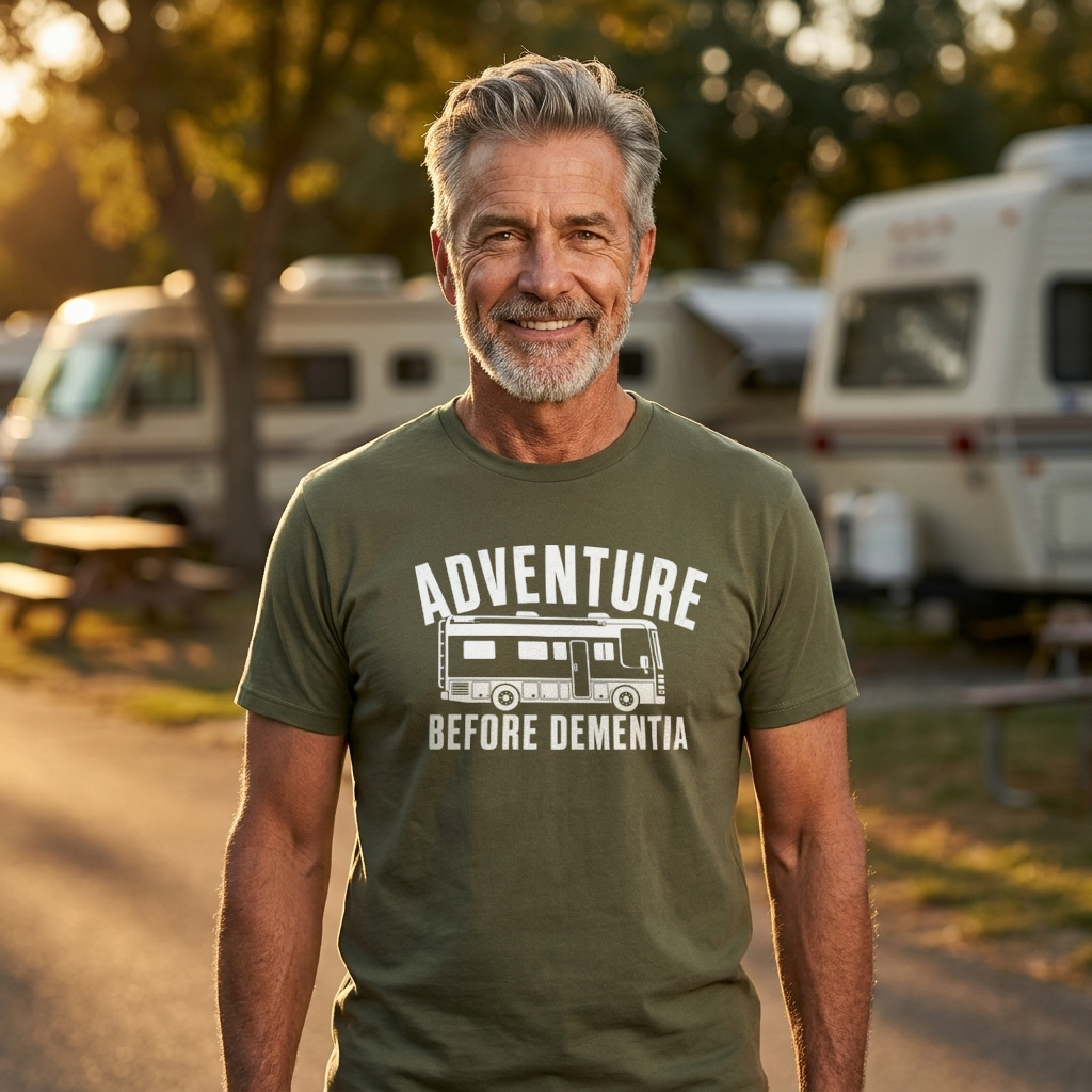 A smiling older man standing outdoors at a campsite wearing an olive green t-shirt with a white graphic that reads 'ADVENTURE BEFORE DEMENTIA' with a bus illustration.