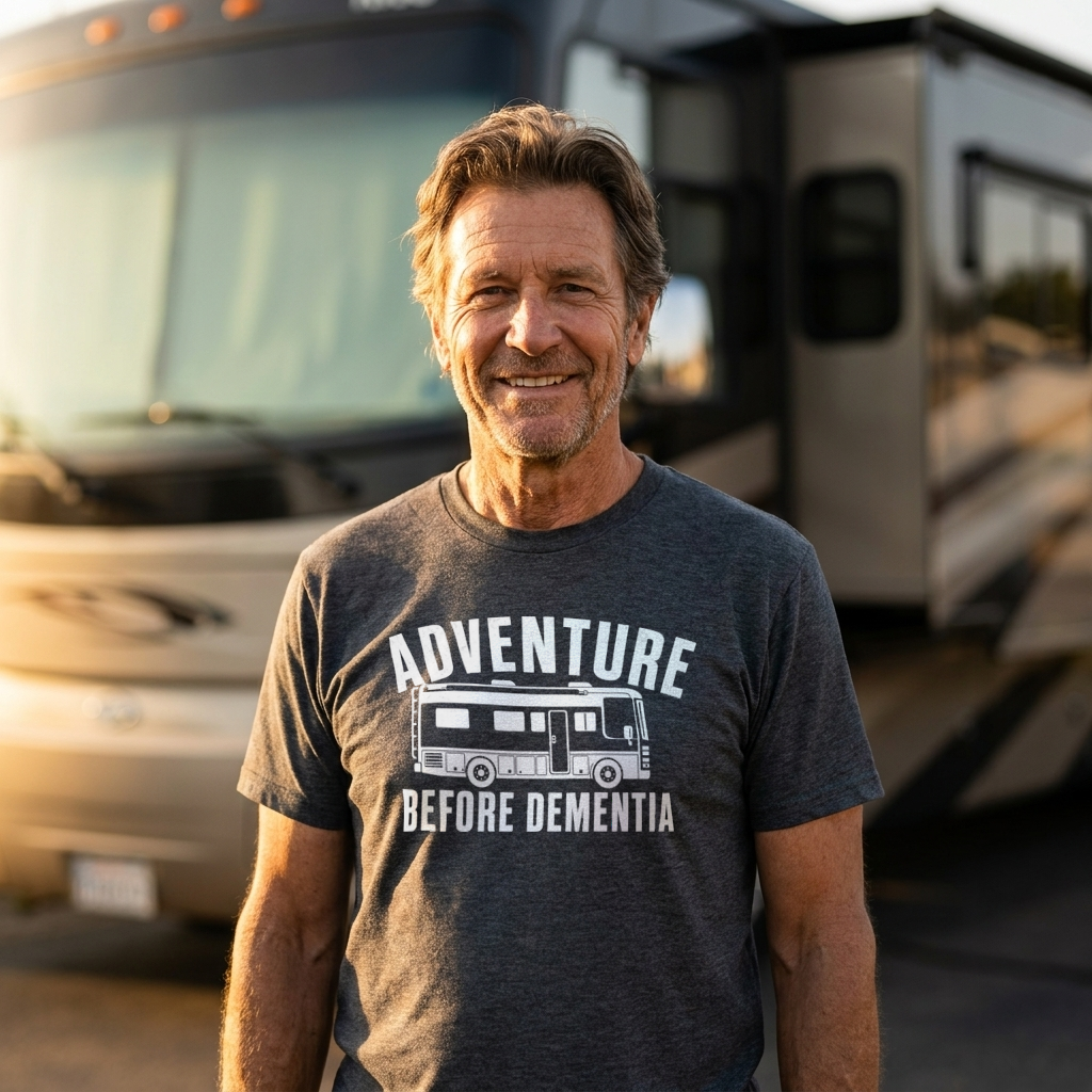 A smiling man wearing a dark gray graphic t-shirt that reads 'ADVENTURE BEFORE DEMENTIA' with a bus illustration, standing in front of a large recreational vehicle at sunset.