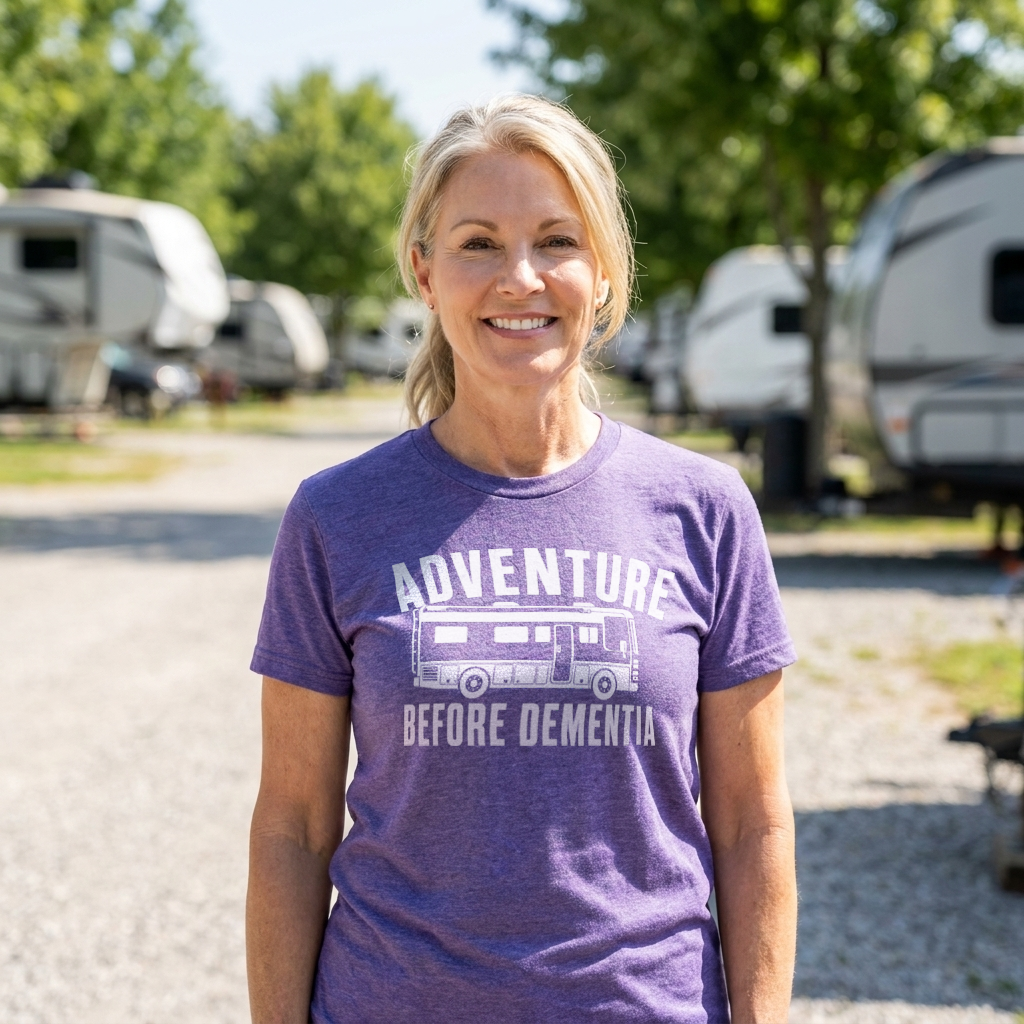 A smiling blonde woman stands outdoors at a campground wearing a heather purple t-shirt with a white graphic that reads 'ADVENTURE BEFORE DEMENTIA' and shows an RV illustration. RVs and trees are visible in the blurred background.