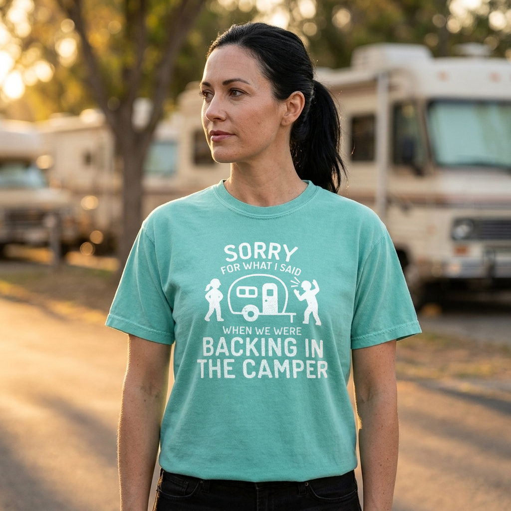 A woman wearing a mint green graphic t-shirt with a white print that reads 'POP IT LIKE IT'S HOT' and features a camper trailer design, standing outdoors in front of a blurred background of RVs and trees.