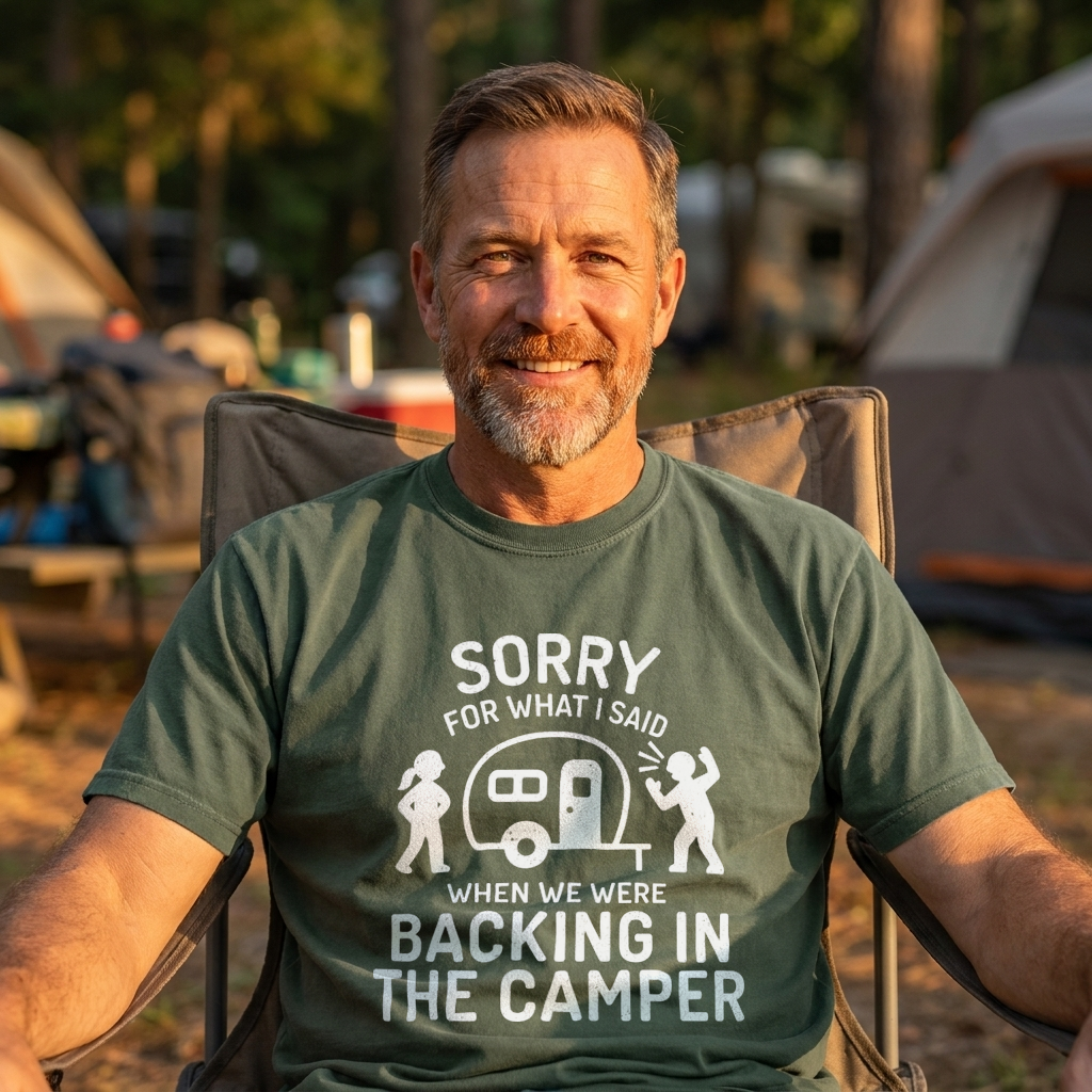 A smiling man wearing a dark green graphic t-shirt sits in a folding camp chair at a campsite. The t-shirt features a white graphic of a camper and the text 'SORRY FOR WHAT I SAID WHEN WE WERE BACKING IN THE CAMPER'.