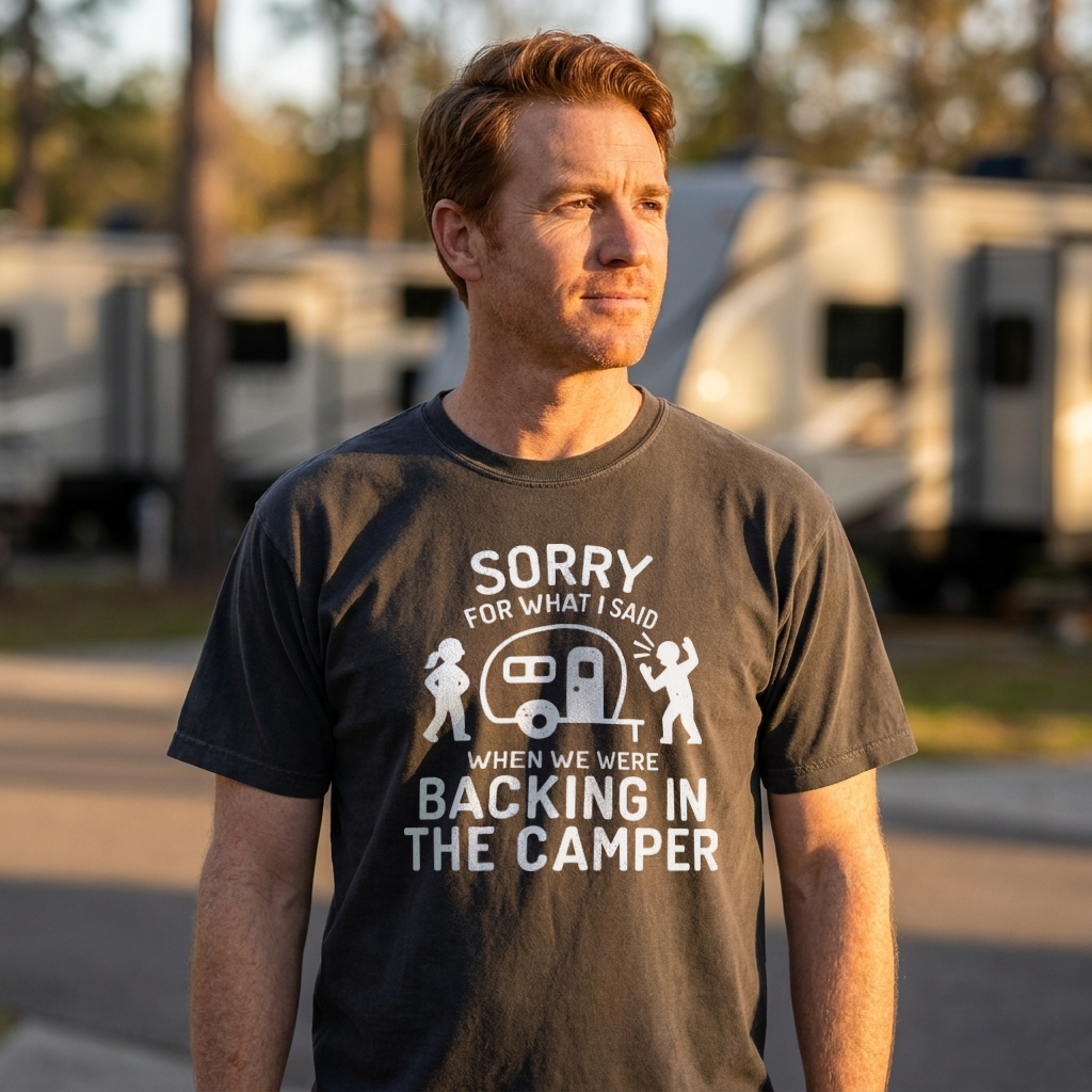 A man wearing a dark charcoal gray t-shirt with a white graphic print that reads 'SORRY FOR WHAT I SAID WHEN WE WERE BACKING IN THE CAMPER' with a camper icon, standing outdoors in front of a blurred campsite background with RVs.