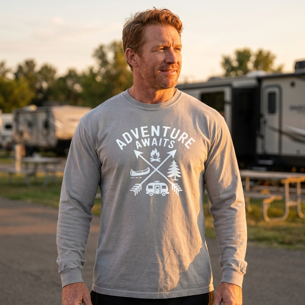 Man in a light gray Adventure Awaits long sleeve camping shirt standing in an RV campground at sunset
