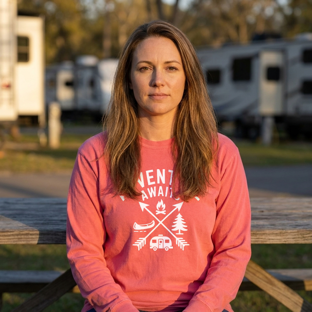 Woman at a picnic table in a coral long sleeve camping shirt with white arrows, campfire, canoe and camper graphics