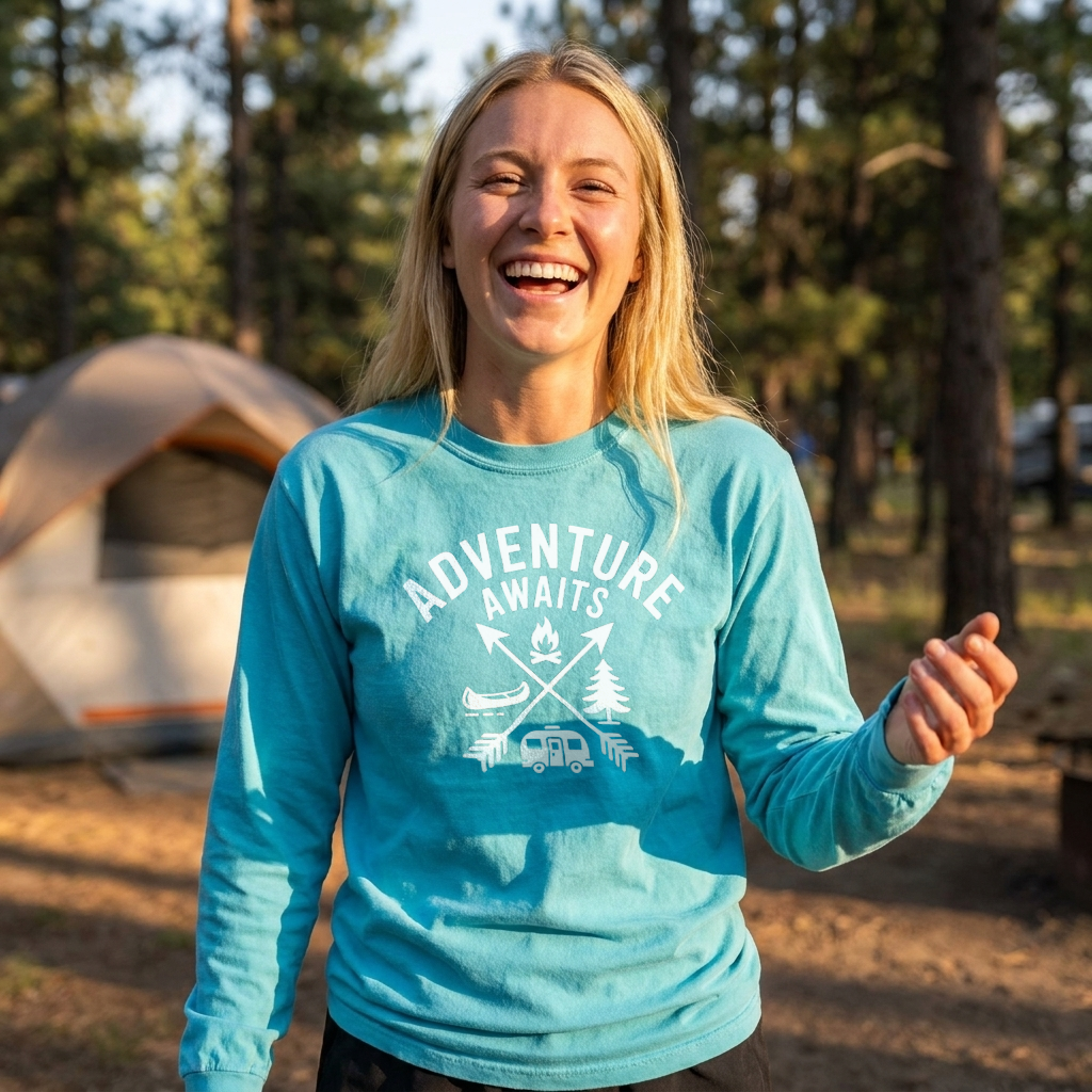 Laughing woman in a teal Adventure Awaits long sleeve camping shirt standing near a tent in the pines