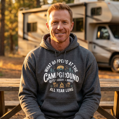 Smiling man in a dark gray What Happens at the Campground camping hoodie sitting at a picnic table in front of a motorhome