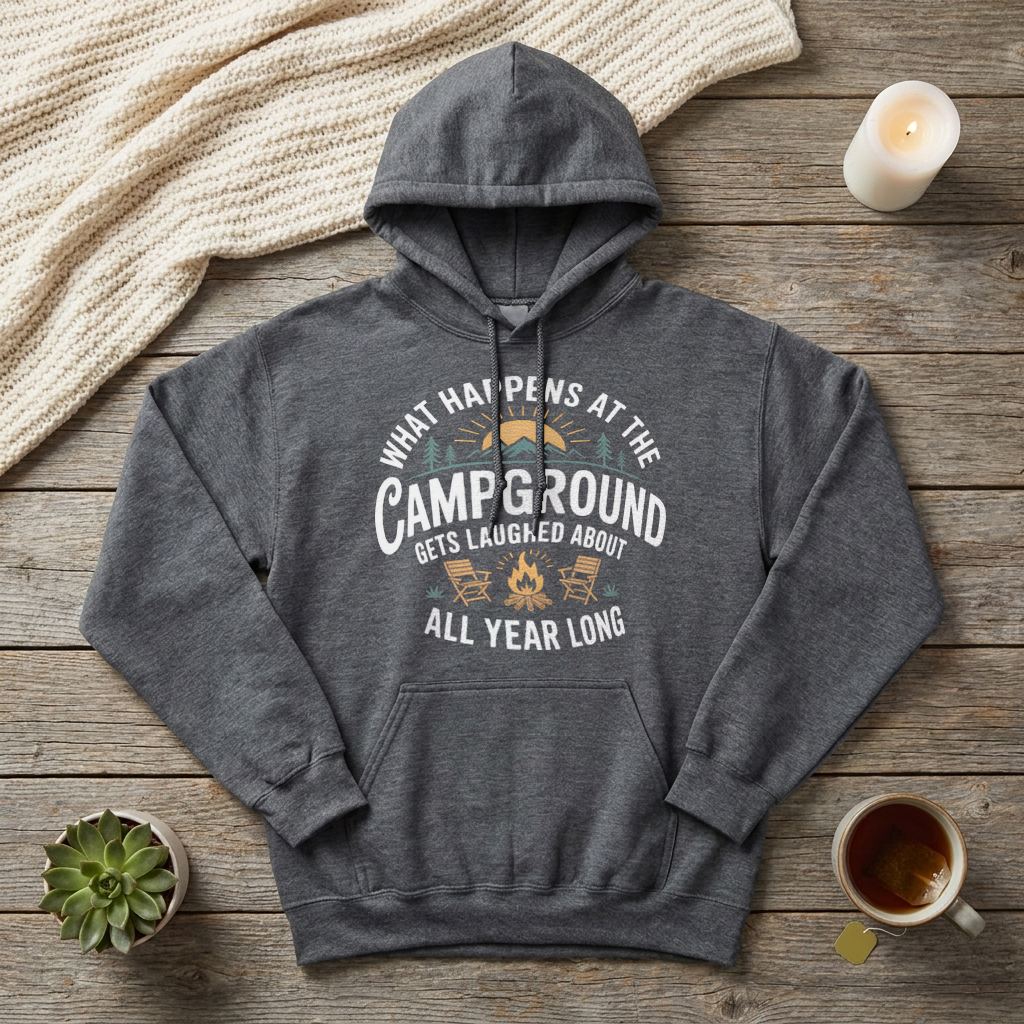 Flat lay of a dark gray What Happens at the Campground hoodie on a wood table with a knit blanket, candle, succulent and tea