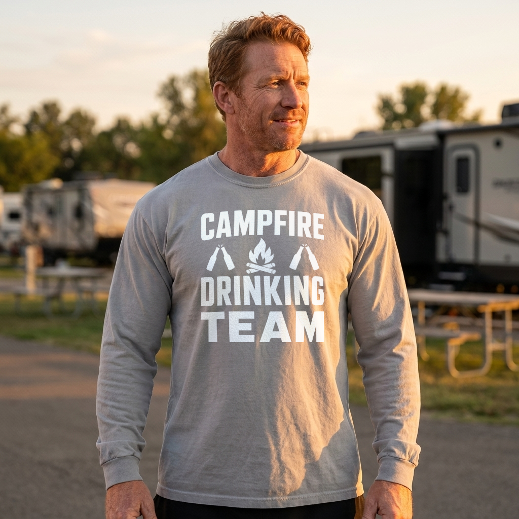 Man in a light gray Campfire Drinking Team long sleeve shirt standing in an RV campground at sunset