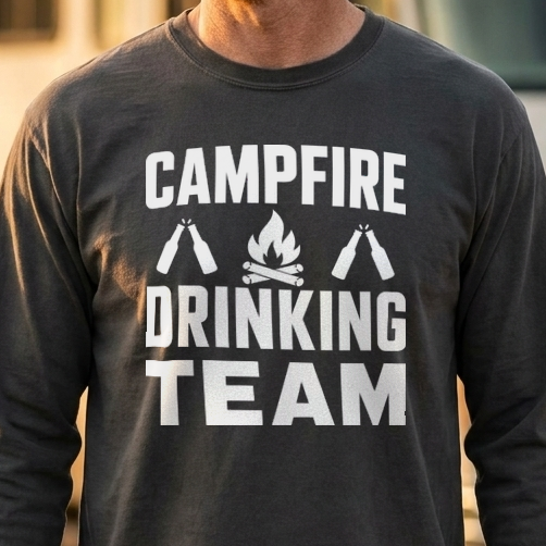 Close-up of a charcoal gray long sleeve shirt with a white Campfire Drinking Team design of a campfire and two clinking bottles